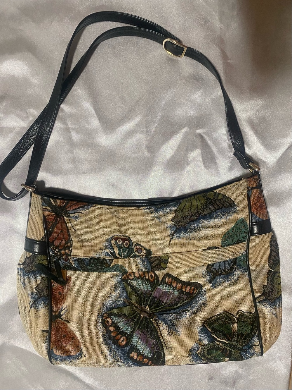 SAS Tapestry Butterfly Print Shoulder/Crossbody Bag in Cream with Black Accents